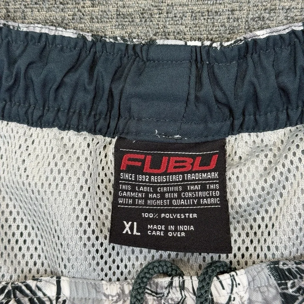 FUBU Swim‎ Board Shorts Mens XL Gray Green Beachwear Leaf Print Pockets